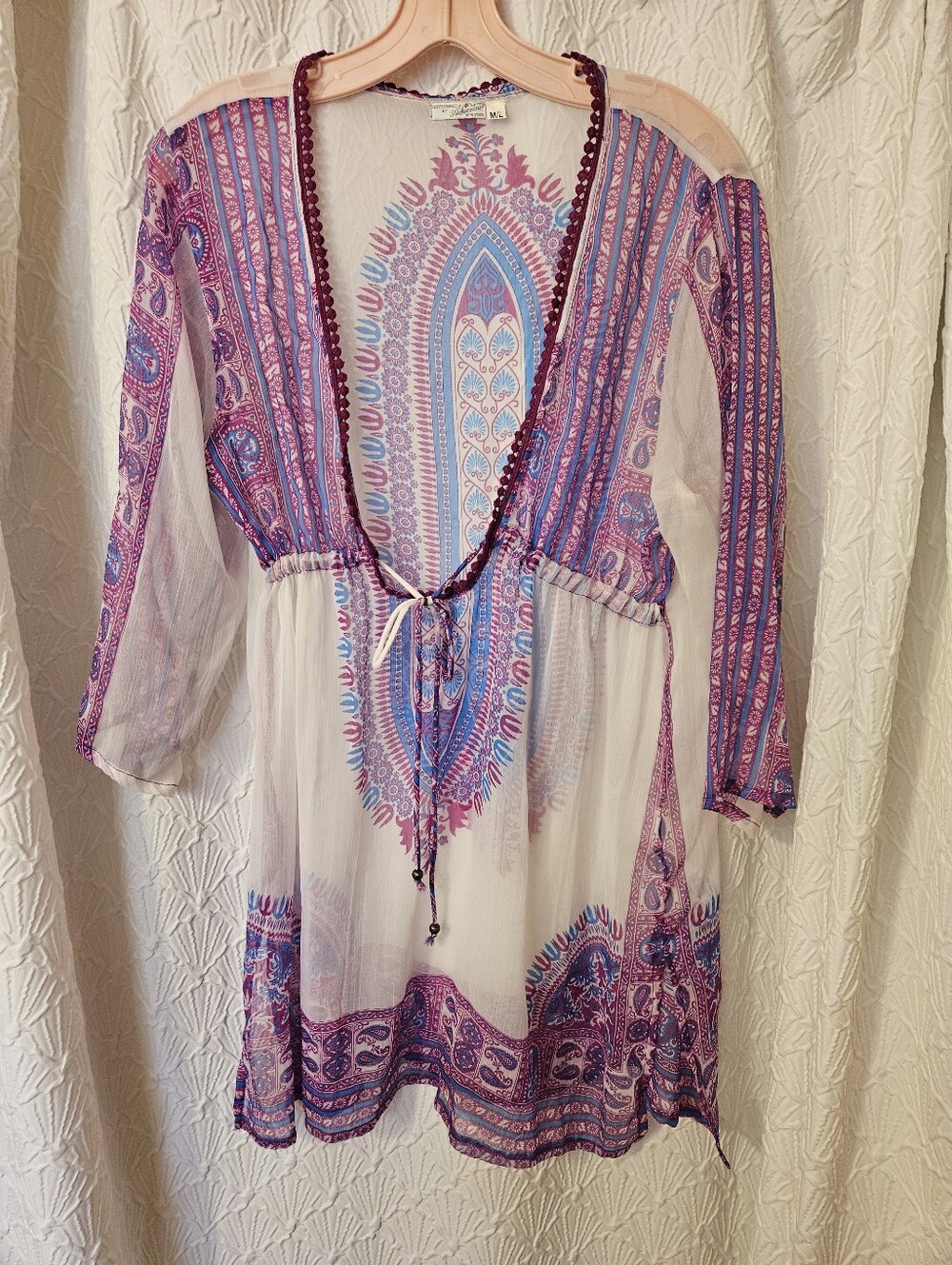 Boho Paisley Tunic Dress in White, Purple & Blue
